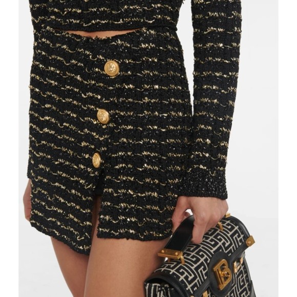 Balmain Women's Black Gold Metallic Knit Wrap Miniskirt Size 44 FR